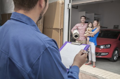 Business furniture and equipment being prepared for an office move